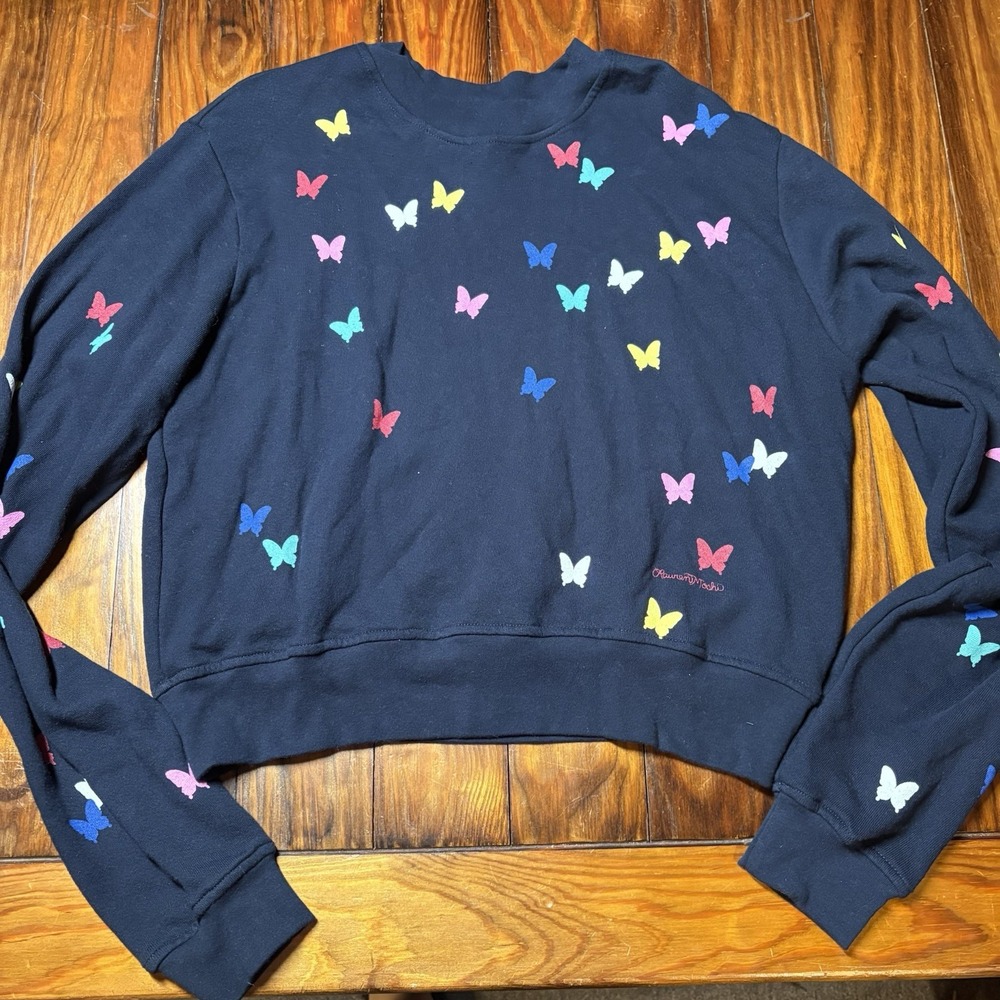 Lauren Moshi Dark Blue Allover Colorful Butterflies Pullover Sz S New A1485